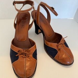 Michelle K Neutral Leather & Navy Fabric T-Strap Women's Heels